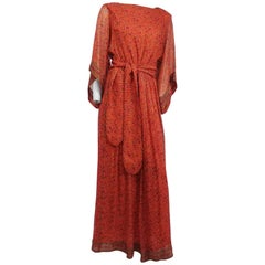70s Printed Silk Chiffon Orange Maxi Dress
