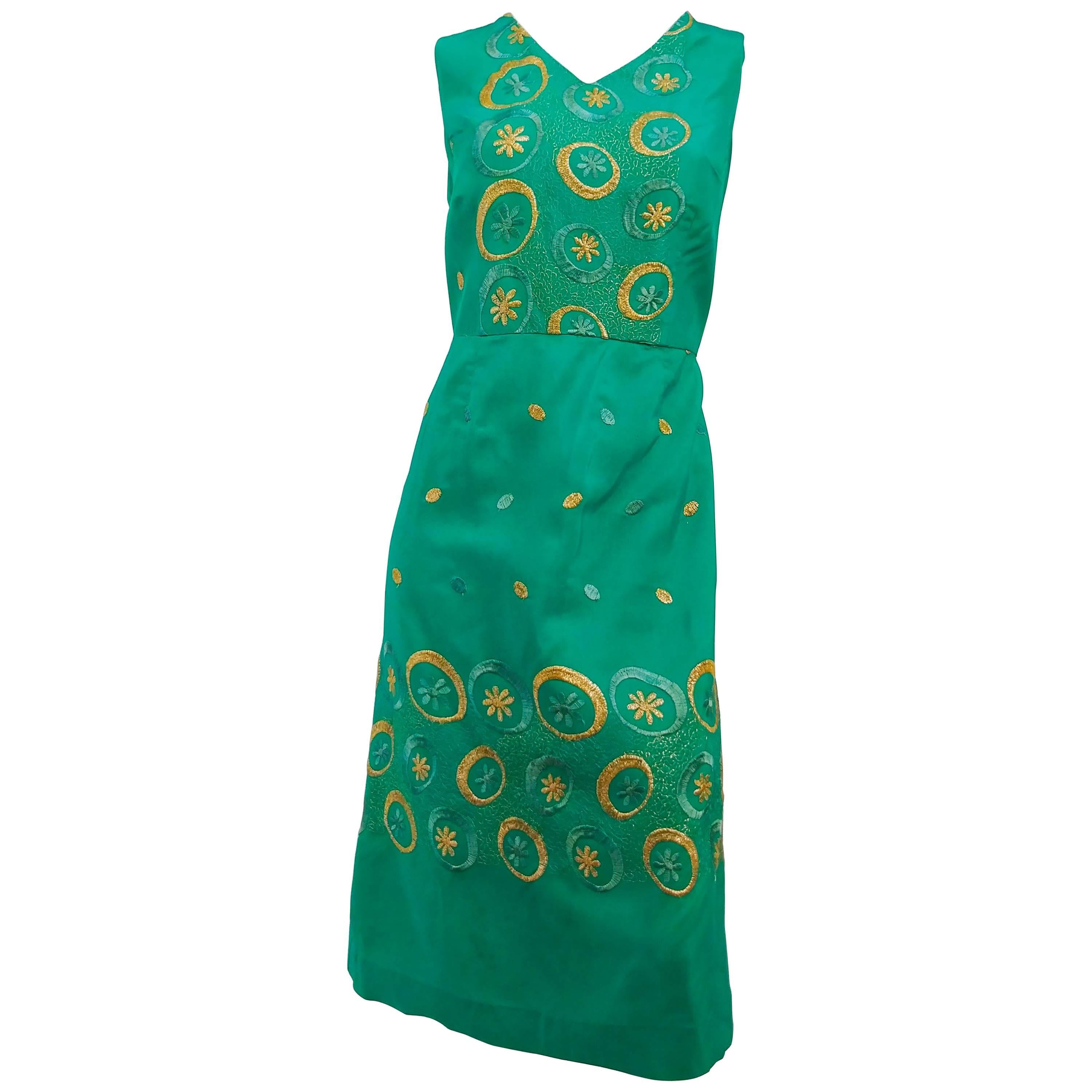 1960s Emerald Green Embroidered Cocktail Dress