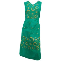 1960s Emerald Green Embroidered Cocktail Dress