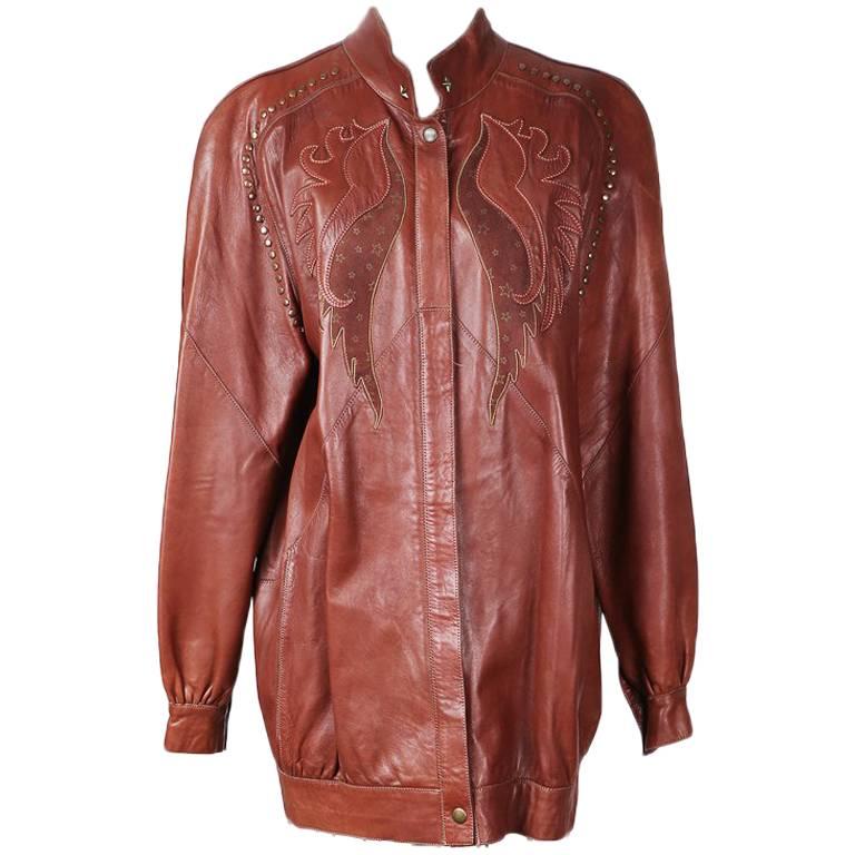 Roberto Cavalli Brown Leather Jacket with Eagle Design circa 1980s