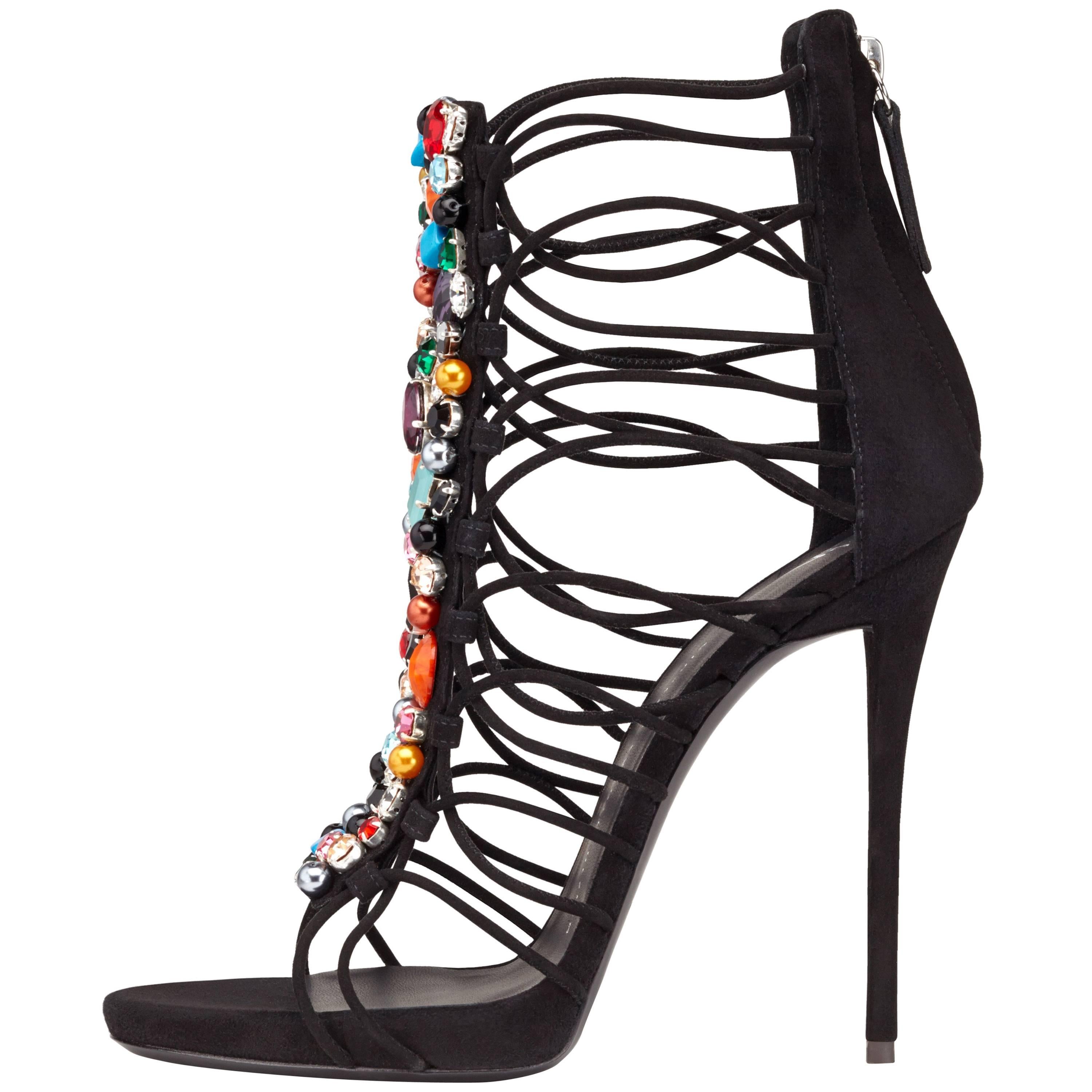 Giuseppe Zanotti New Sold Out Black Suede Crystal Evening Gladiator Heels in Box