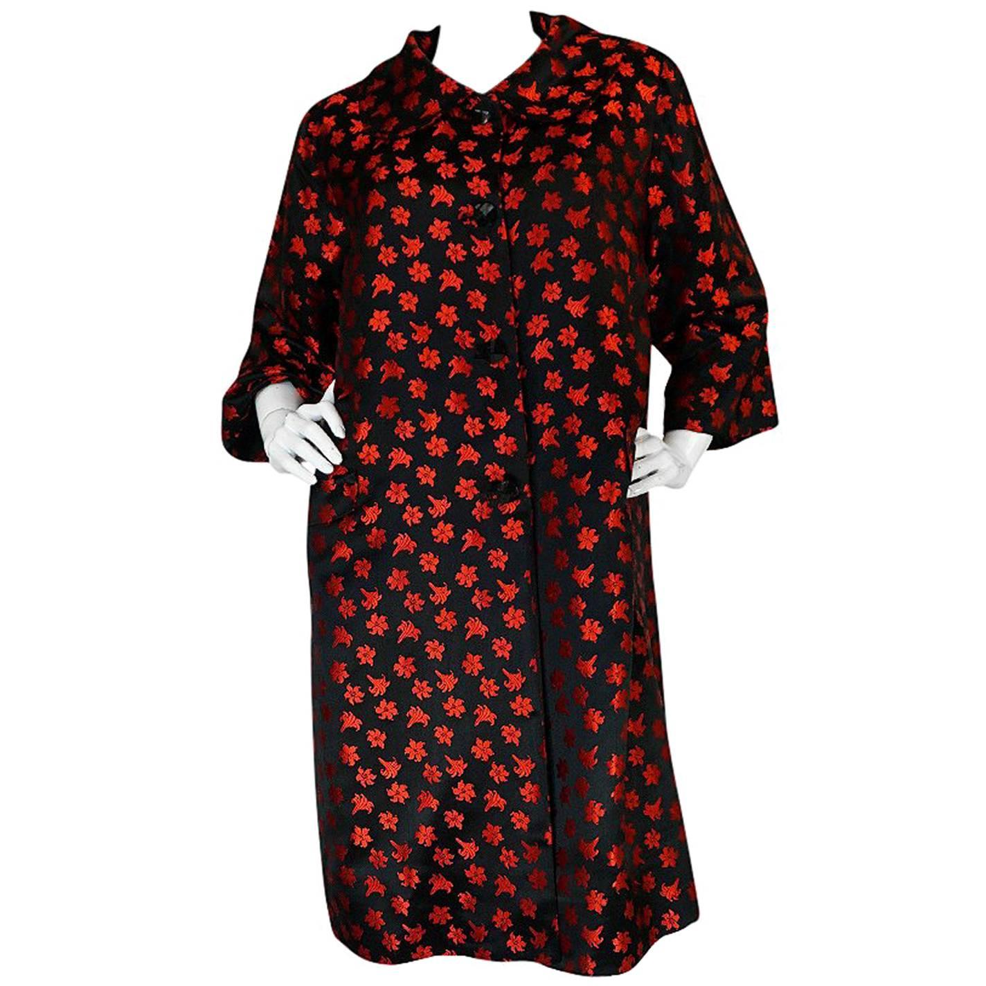 1950s Black Silk w Red Embroidered Floral Detail Swing Coat