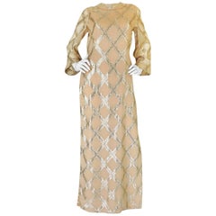 1960s Tina Leser Gold Lame Thread Side Slit Tunic Caftan Dress
