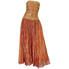 1980s Bob Mackie Strapless Gold Cord & Lame Silk Dress 8