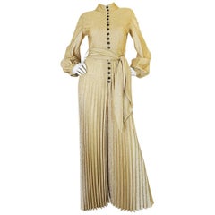 Vintage 1970s Gold Lame Knit Jumpsuit with Wide Pleated Legs