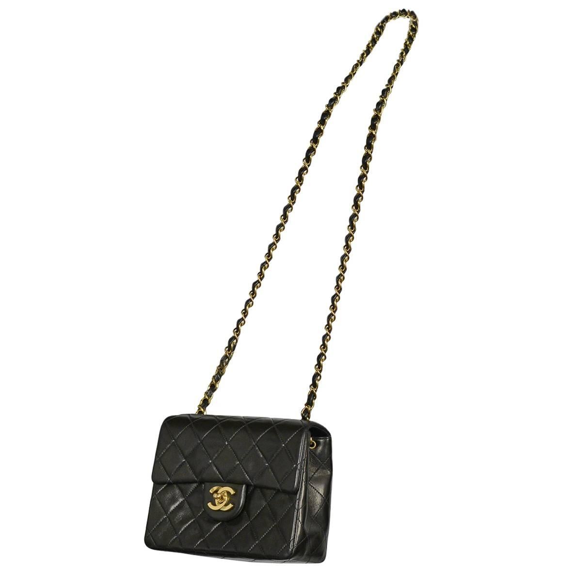 Vintage Chanel Classic Mini Quilted Black Leather Shoulder Bag