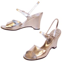 Disco Era 1970's Italian Silver Leather Wedge Sandals Sz 8-8.5 8