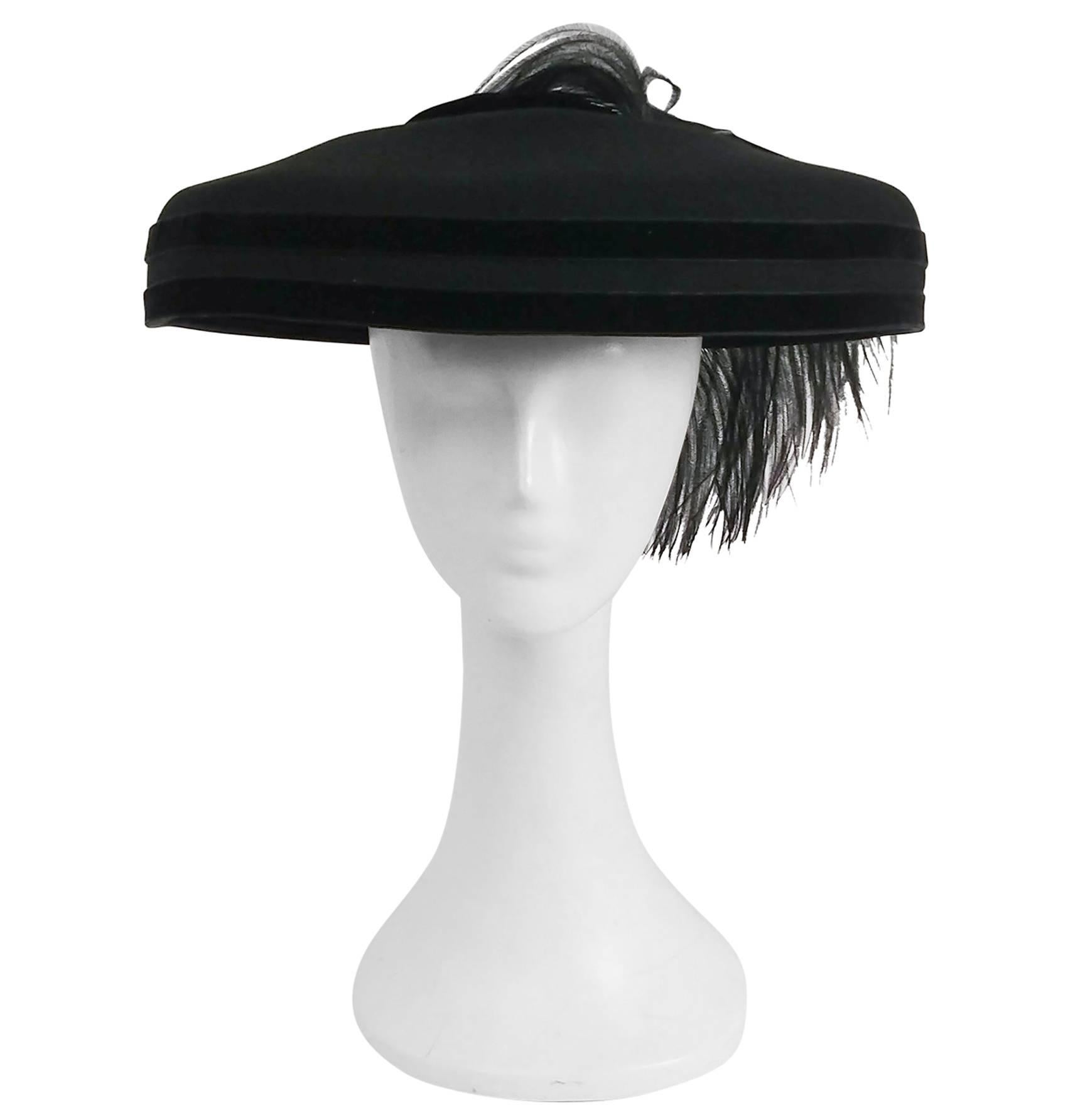 1980s Black Wool Wide Brimmed Hat w/ Feather
