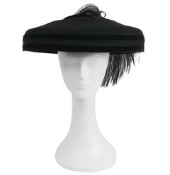 Vintage 1980s Black Wool Wide Brimmed Hat w/ Feather