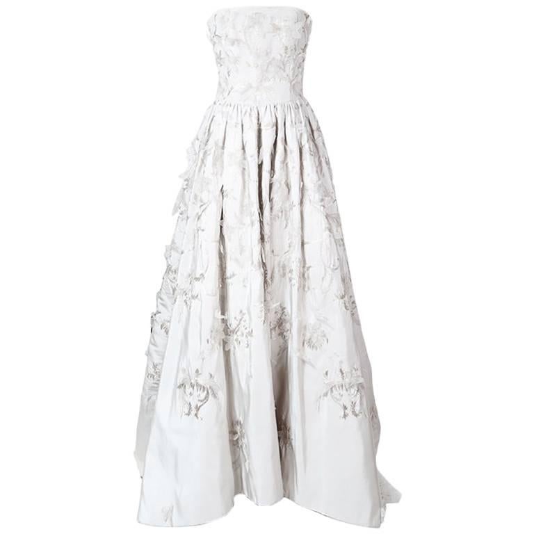 Oscar De La Renta Oyster Silk Gown with Embroidery and Organza Petals