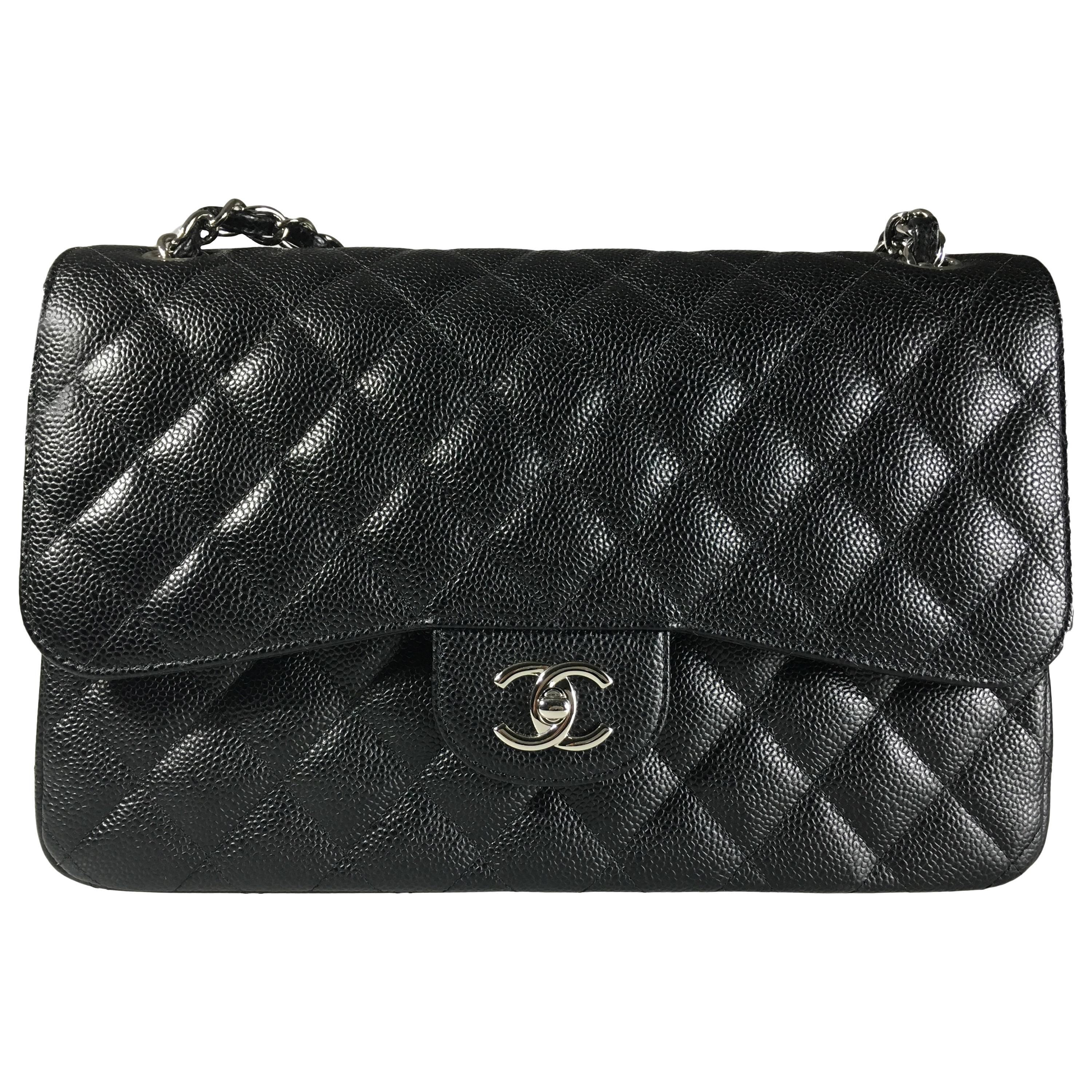 Chanel Black Caviar Leather Classic Jumbo Double Flap Bag