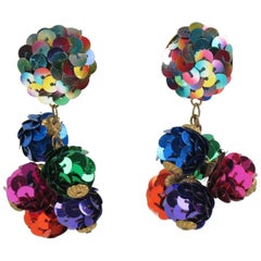 Vintage Colorful Sequin Disco Balls Dangling Chandelier Clip on Earrings