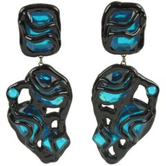 Oversized Brutalist Black Lucite Pierced Earrings with Electric Blue Rhinestone