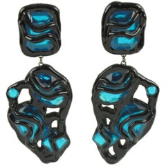 Oversized Brutalist Black Lucite Pierced Earrings with Electric Blue Rhinestone 9