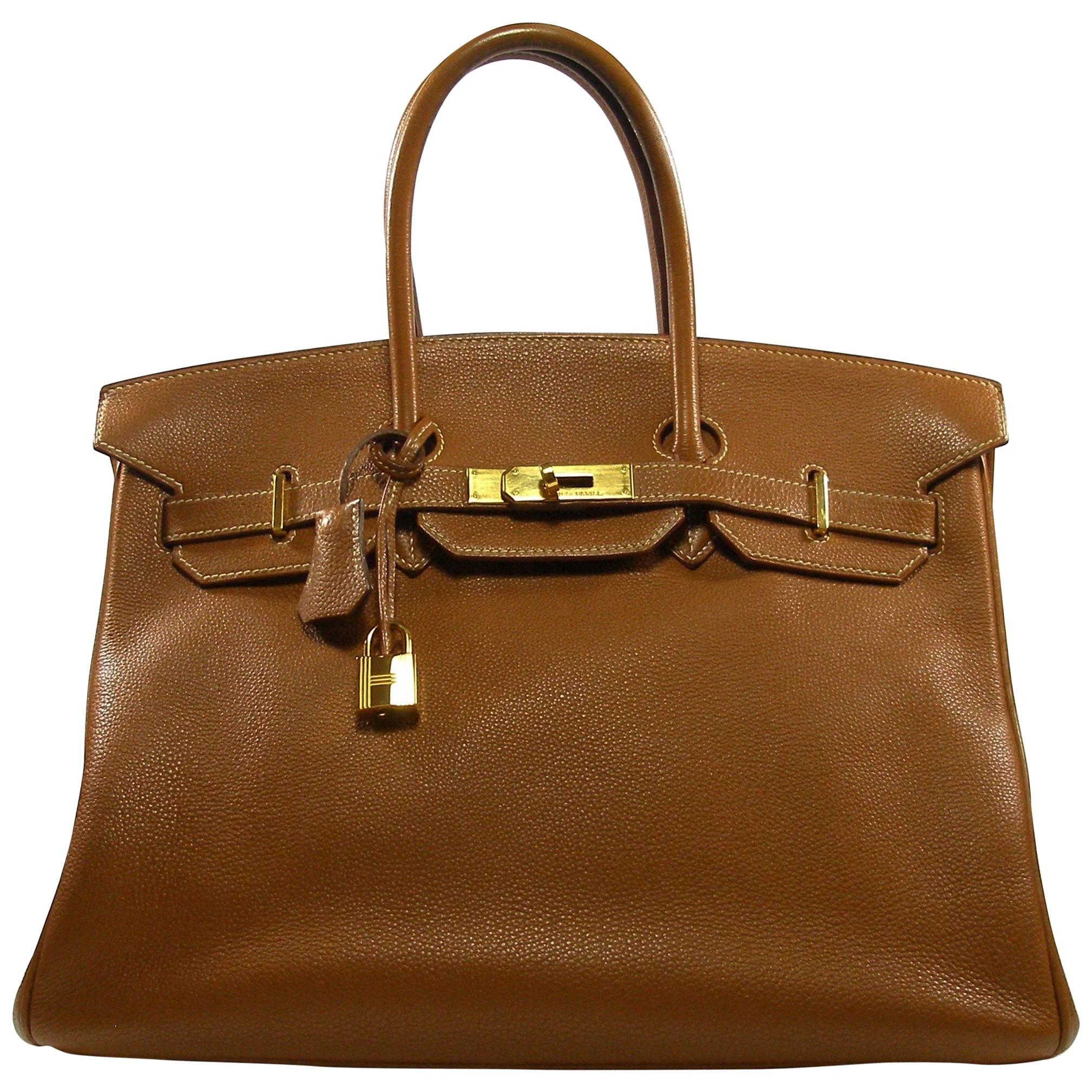 COLLECTIBLE Vintage Hermes 35 Birkin Bag Fauve Ardennes Leather Gold Hw