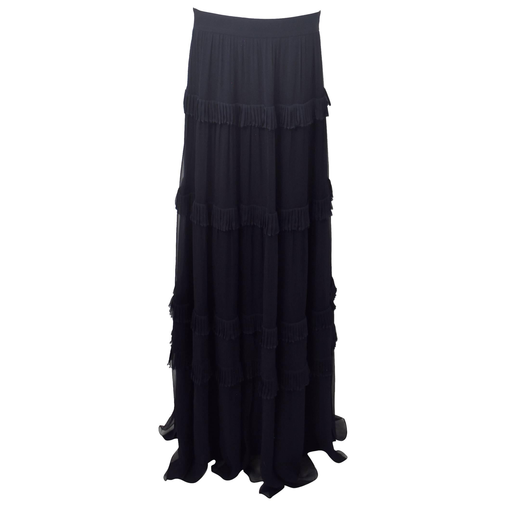 Chloe Navy Blue Ruffle Tier Long Silk Skirt 