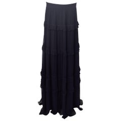 Chloe Navy Blue Ruffle Tier Long Silk Skirt 