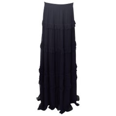 Chloe Navy Blue Ruffle Tier Long Silk Skirt 11