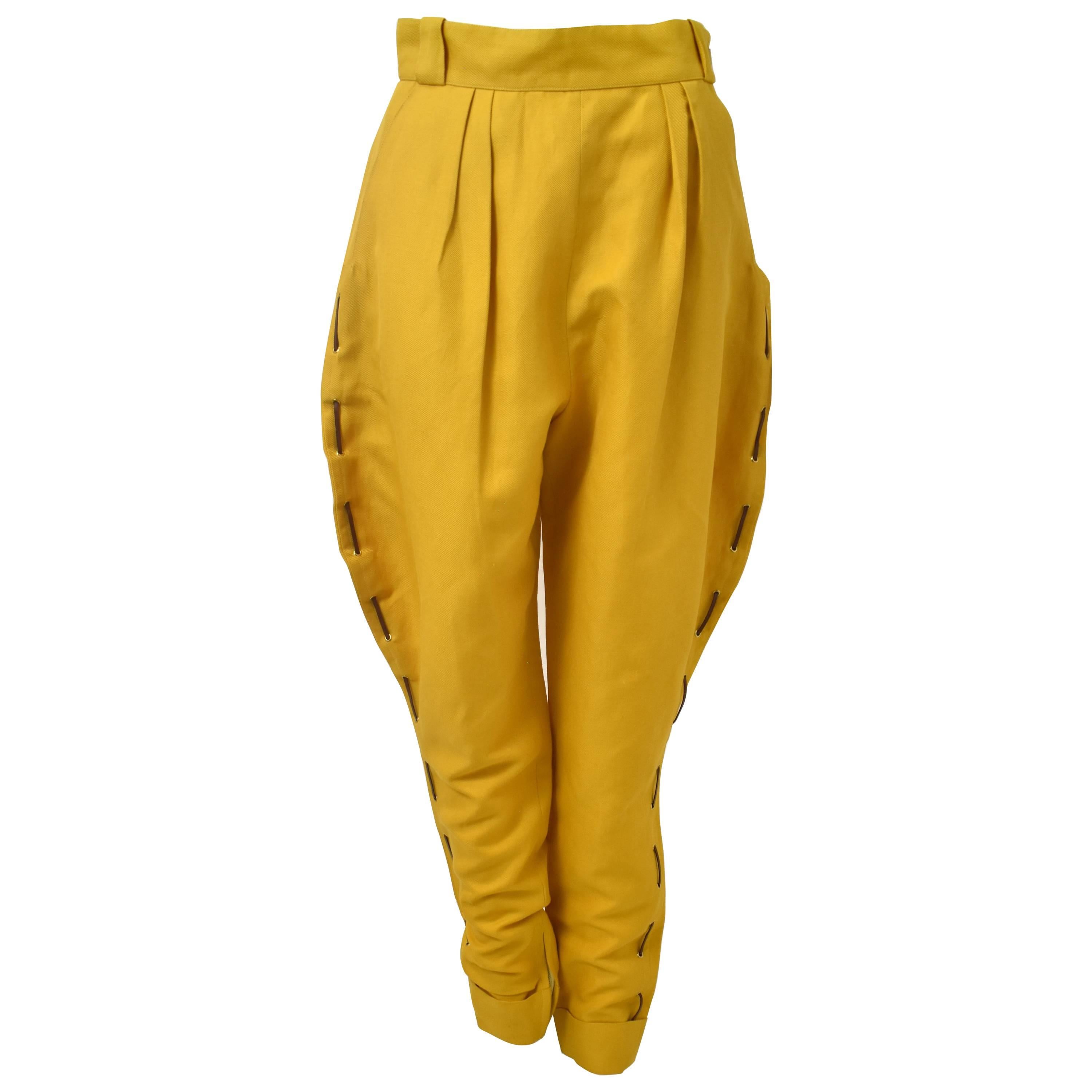 Hermes Mustard Yellow Jodhpur Trousers with Eyelet and Leather Tie Details For Sale