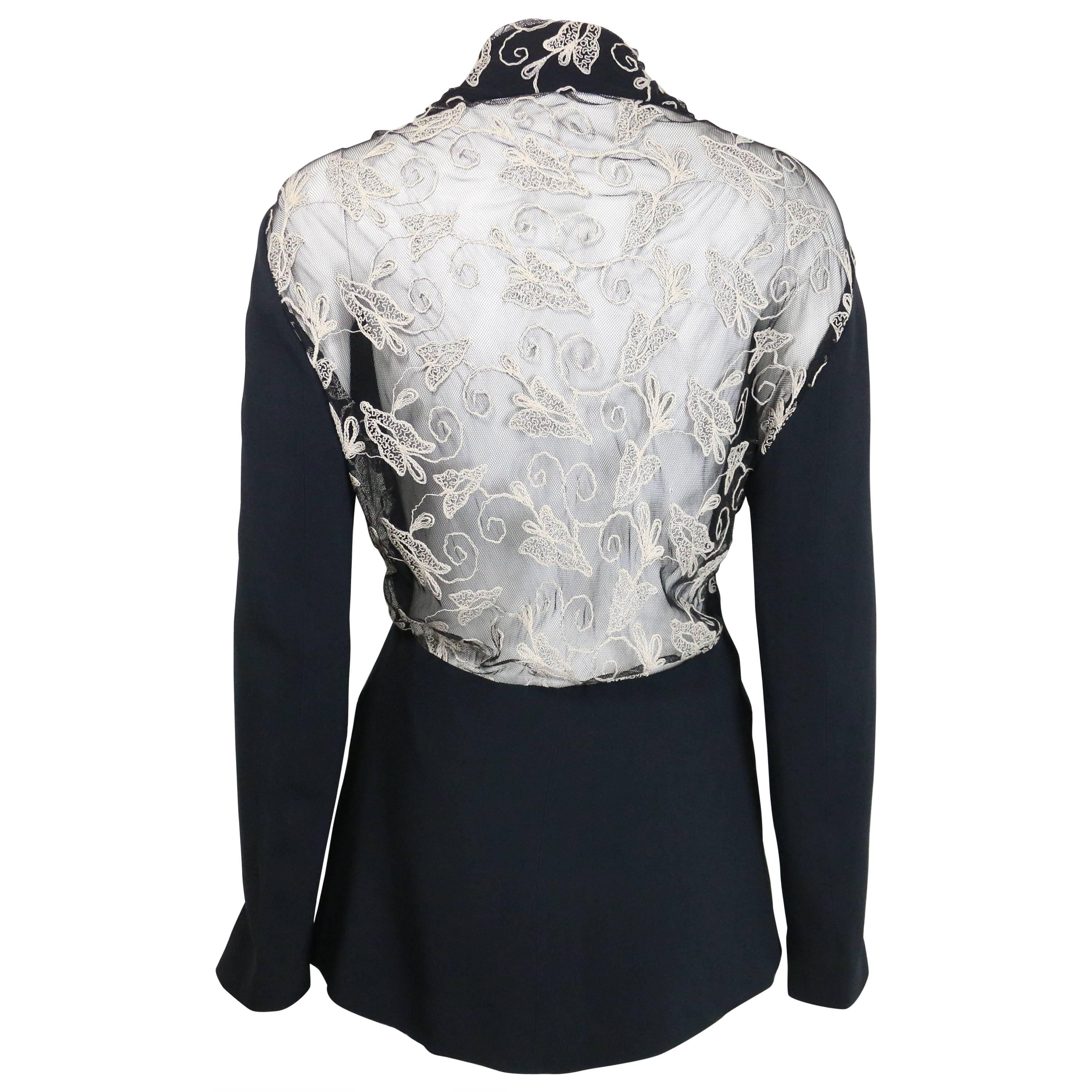 Vintage 90s Batik Black Jacket with White Embroidered Lace Behind  For Sale
