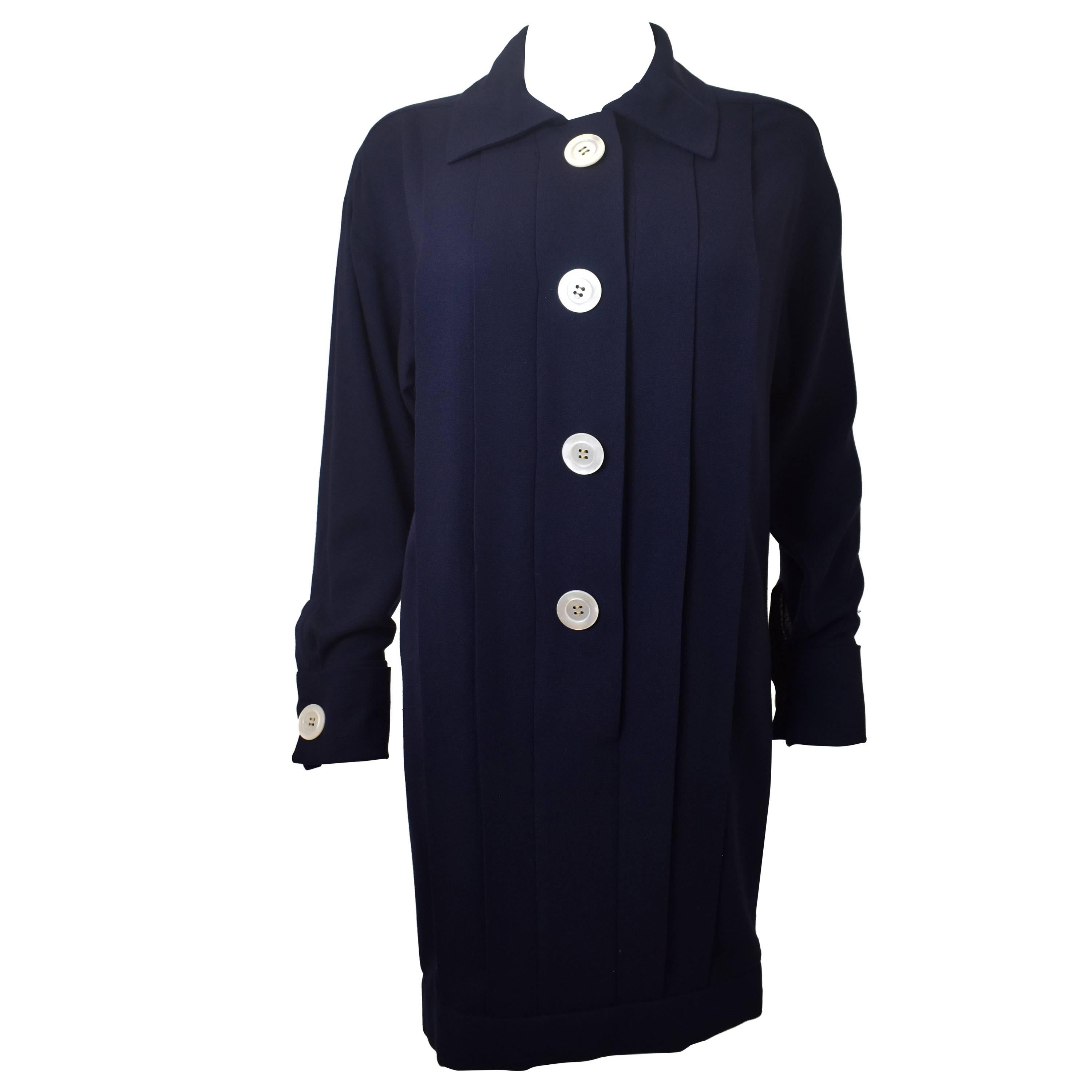 1990's Chanel Navy Blue Wool Shirt Dress with Oversize White Buttons For Sale