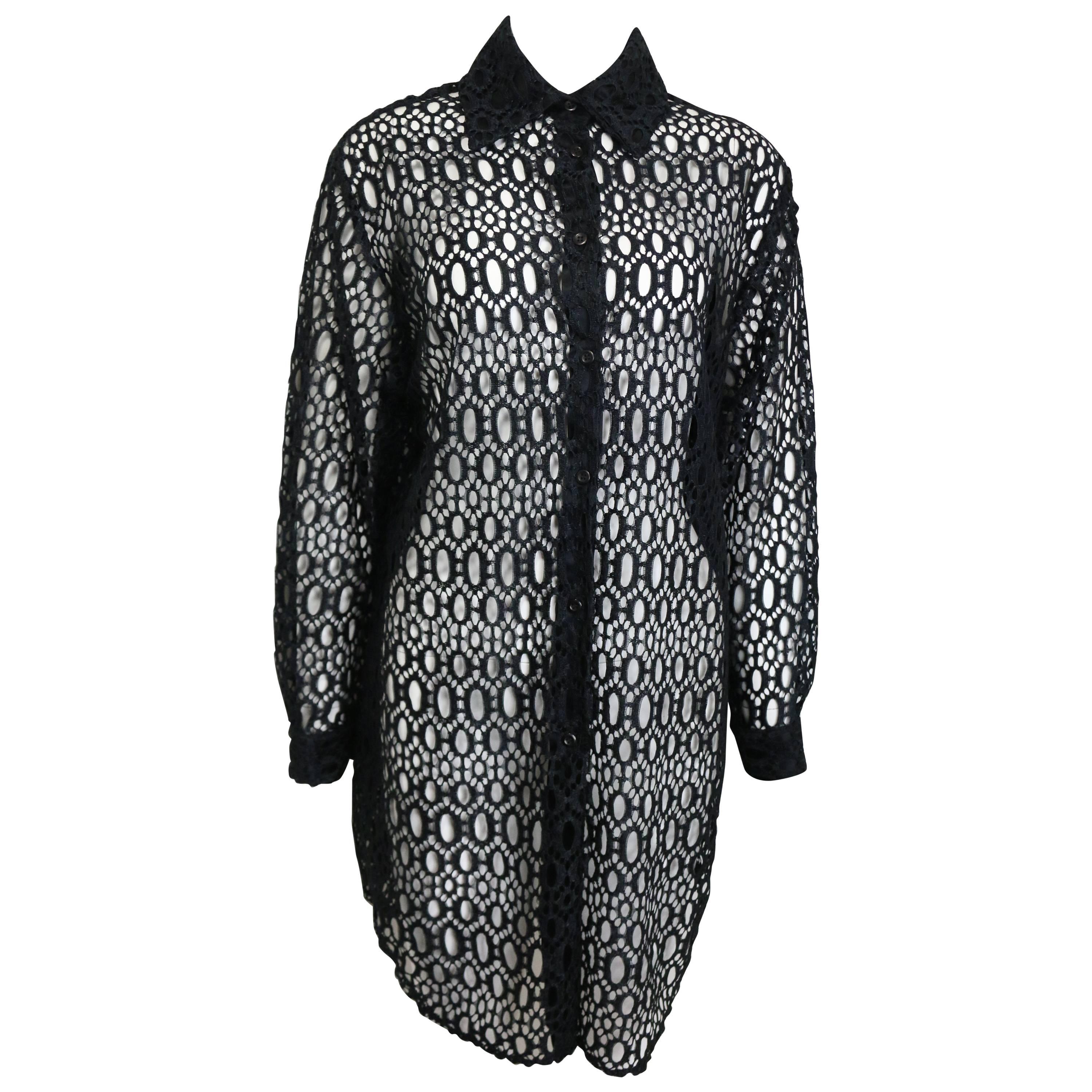Jeff Gallano Black Lace Oblong Pattern Long Collar Shirt  For Sale