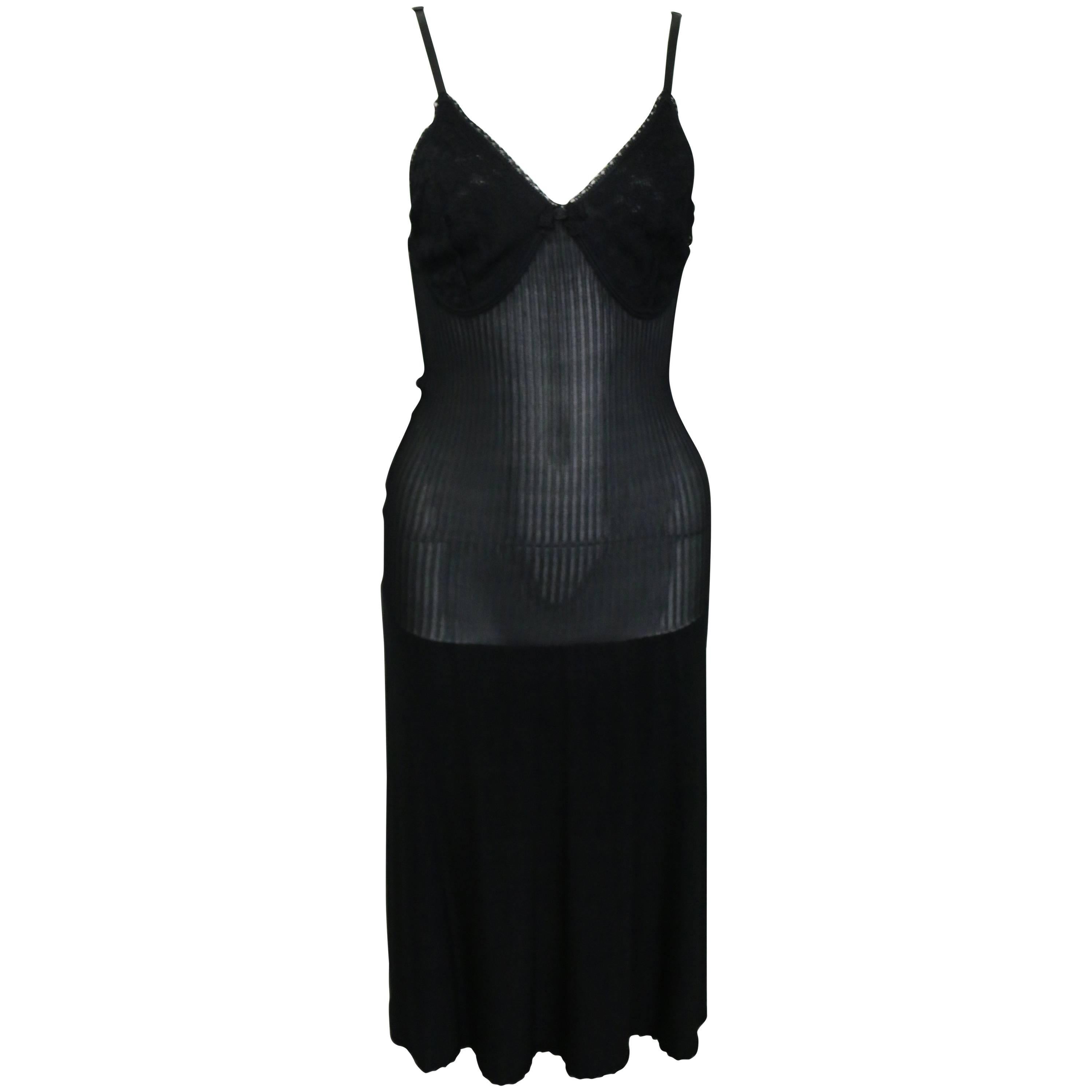 2008 Chanel Black Lace and Knitted Spaghetti Strap Dress  For Sale