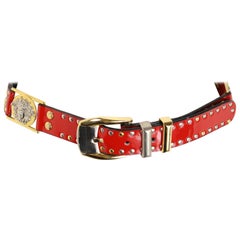 Vintage 90s Gianni Versace Red Patent Leather Gold and Silver Studded Medusa Belt 
