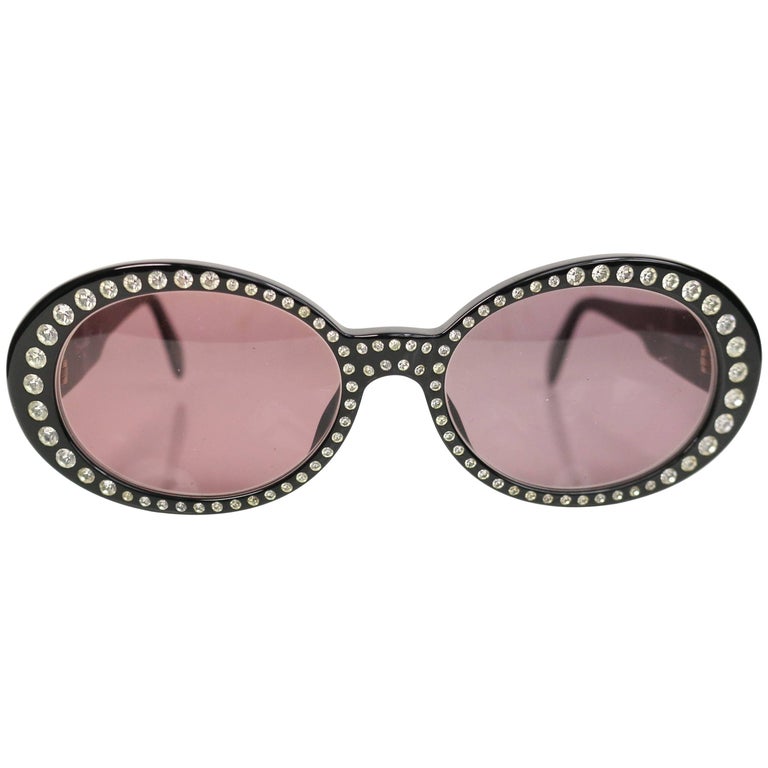 Vintage 90s Chanel Black Rhinestones Oval Frames Sunglasses For