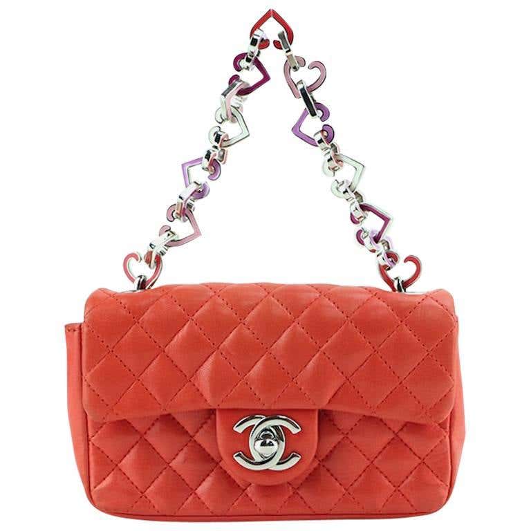 Chanel Orange Quilted Lambskin Heart Charm Chain Mini Flap Handbag at ...