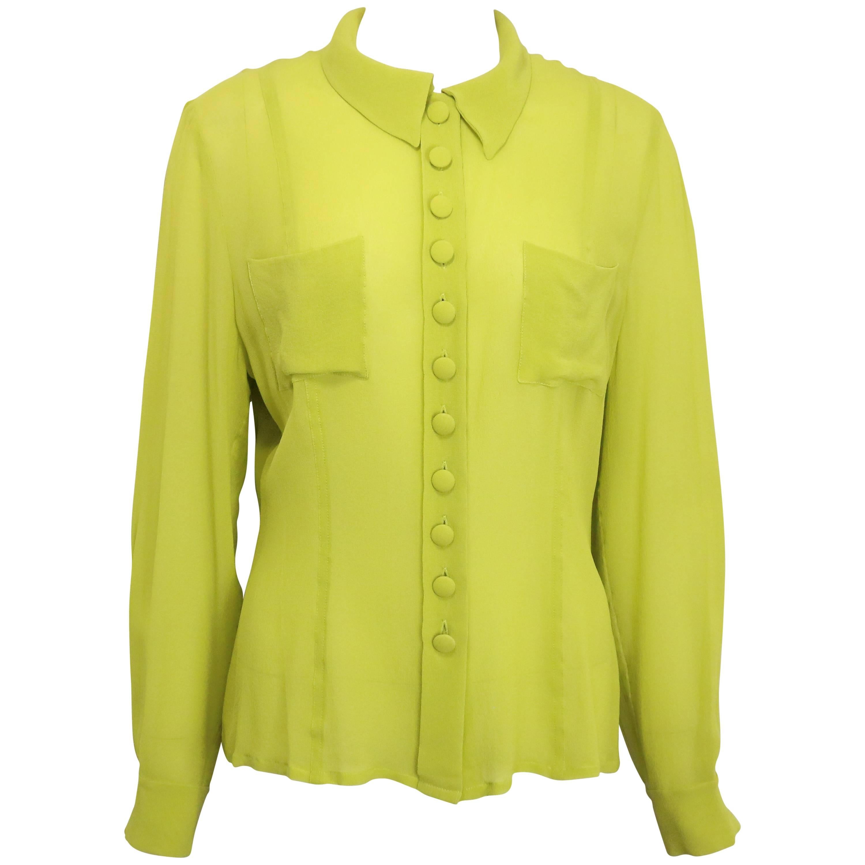 Rochas Green Silk See Through Collar Shirt For Sale