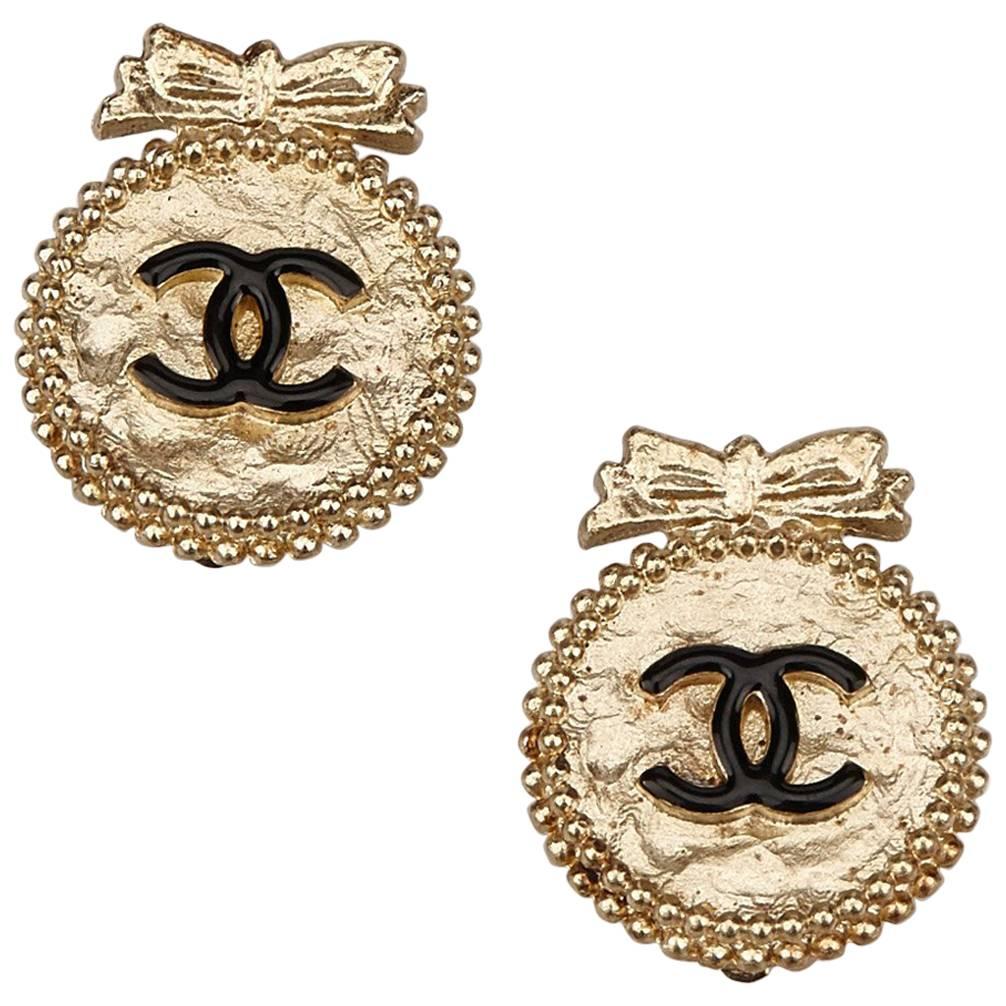 Chanel Gold Plate Black "CC" Ribbon Stud Clip On Earrings 