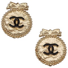 Chanel Gold Plate Black "CC" Ribbon Stud Clip On Earrings 