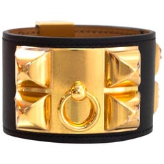 Hermes Black Leather CDC Collier De Chien Cuff Bracelet sz S GHW w/BOX/DB 10