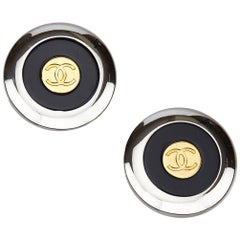 Chanel Round Silver Plate Gold "CC" Studs Clip On Earrings 