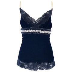 1990s Dolce & Gabbana Navy Blue Velvet Pearls + Sequins Lace Bustier Vintage Top