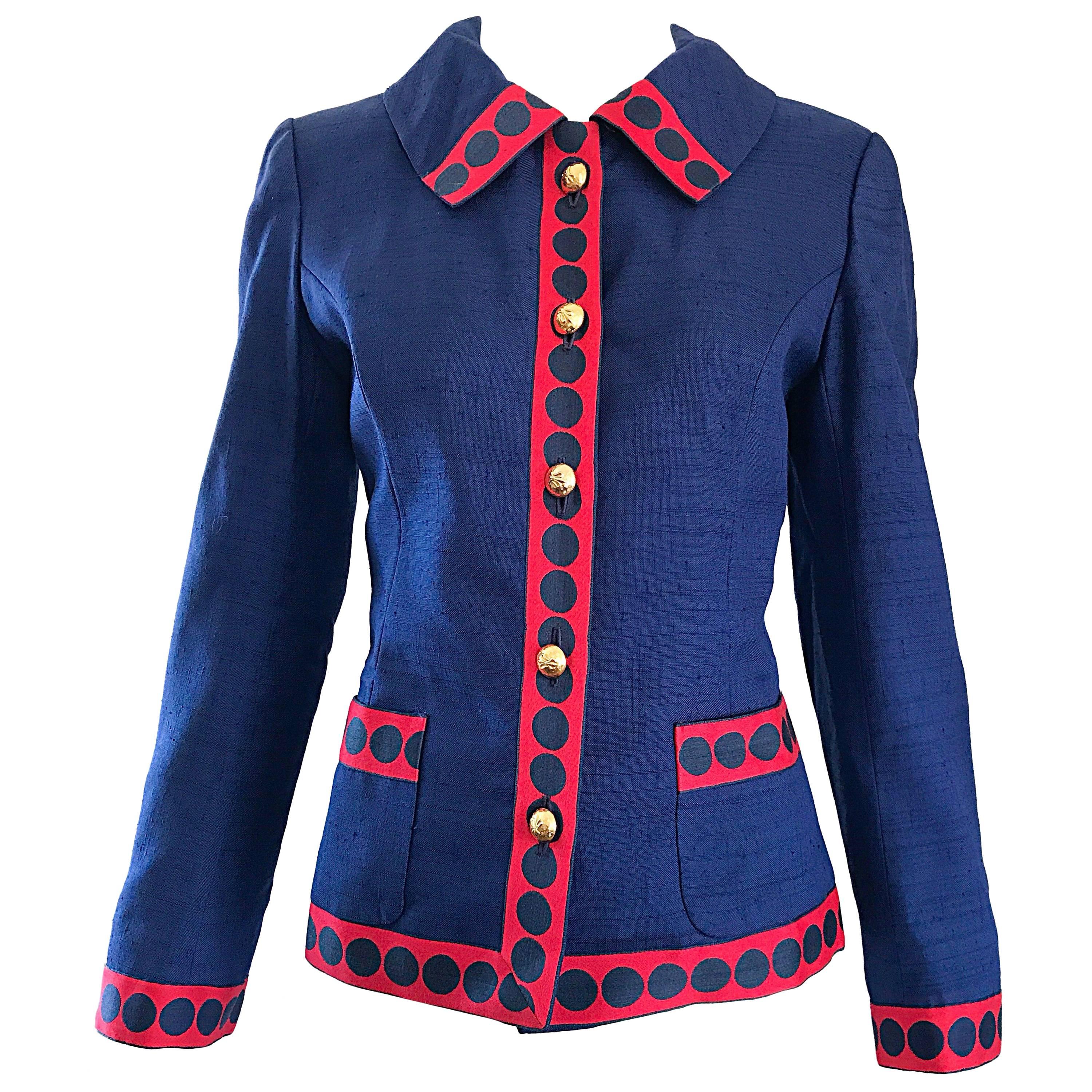 Geoffrey Beene 1960s Navy Blue Red Silk Nautical Polka Dot Vintage 60s Jacket