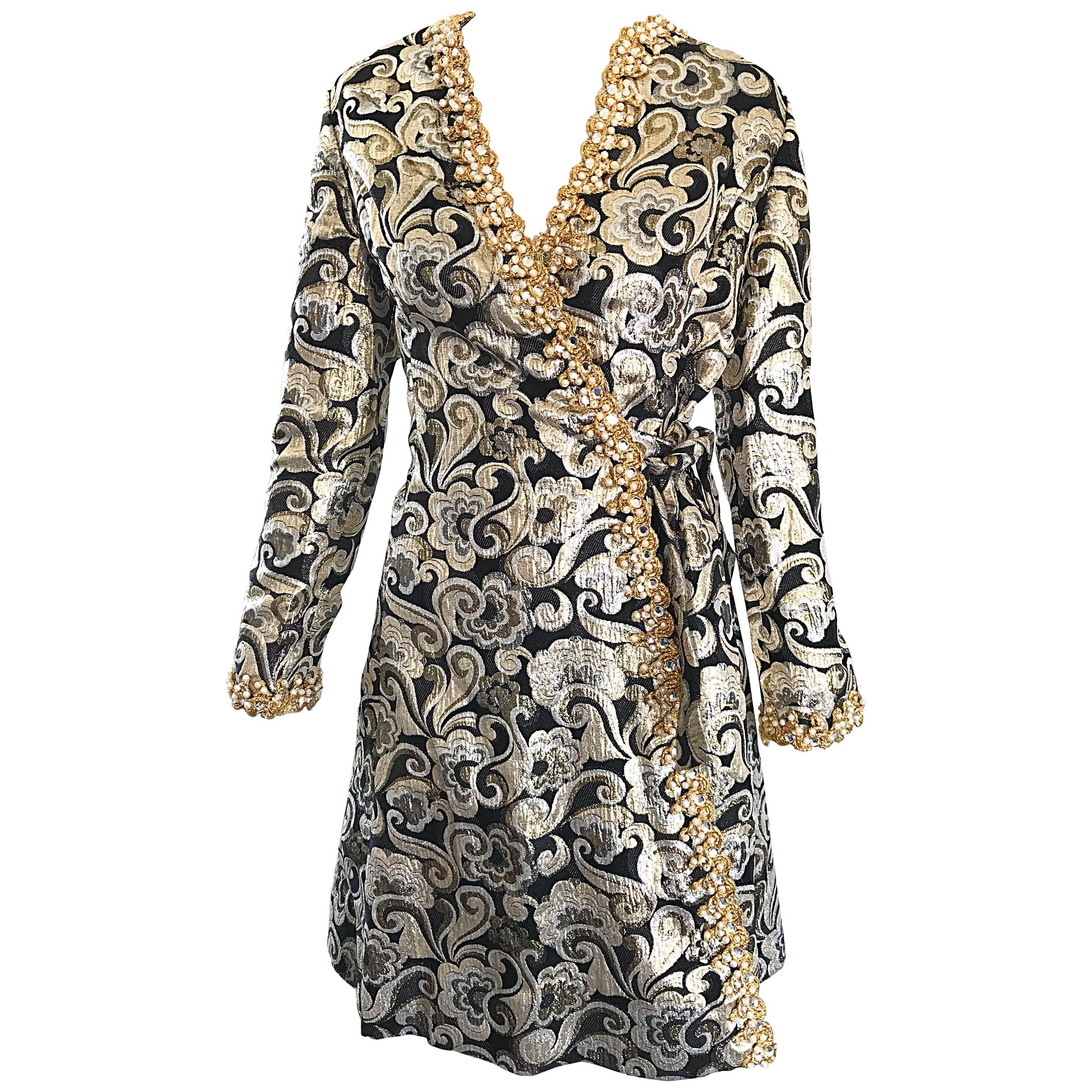1960s Joan Leslie Black and Gold Silk Brocade Pearl Rhinestone Vintage 60s Dress