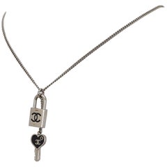 Chanel Silver Toned "CC" Padlock and Heart Key Necklace