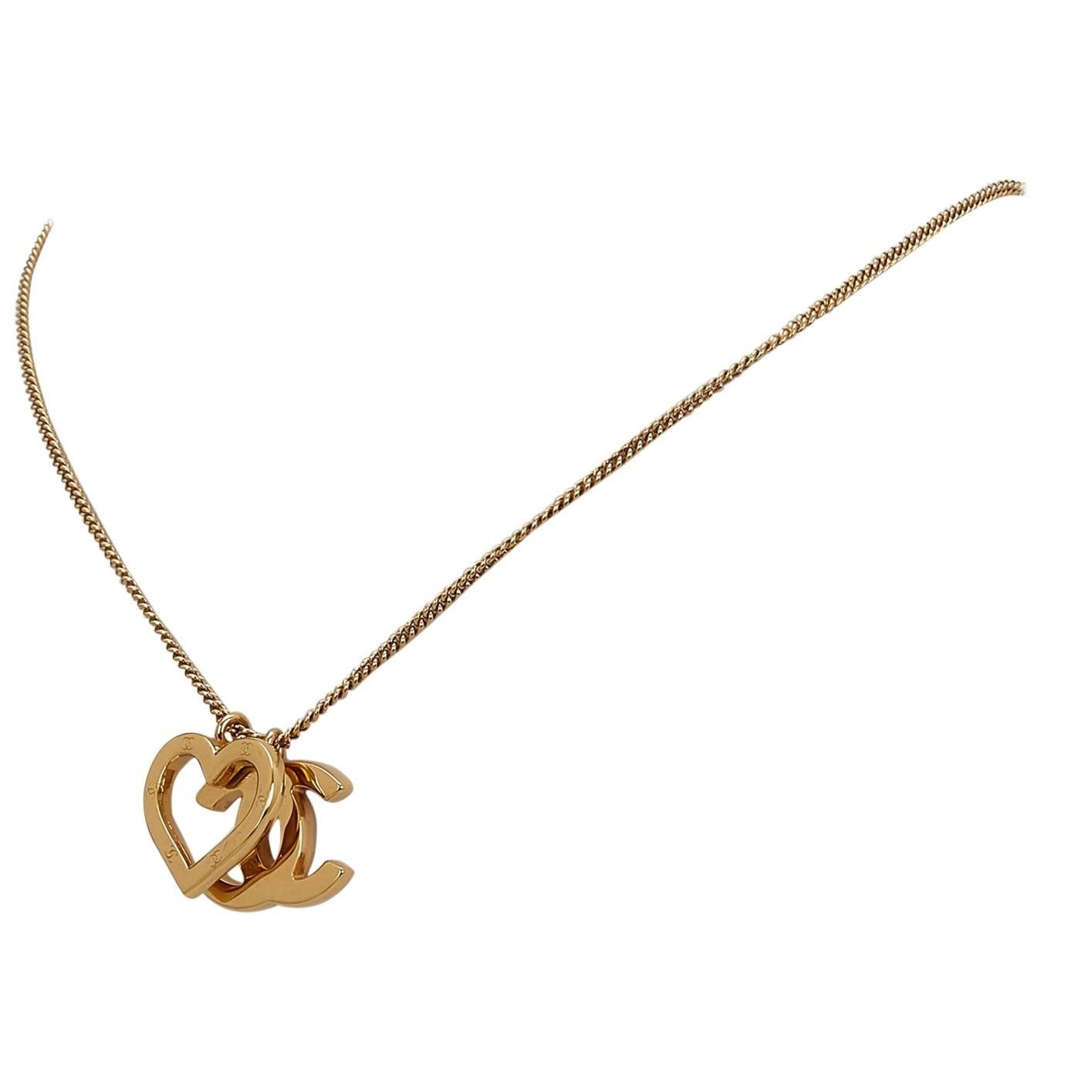 Chanel Gold Toned Heart and "CC" Pendant Necklace