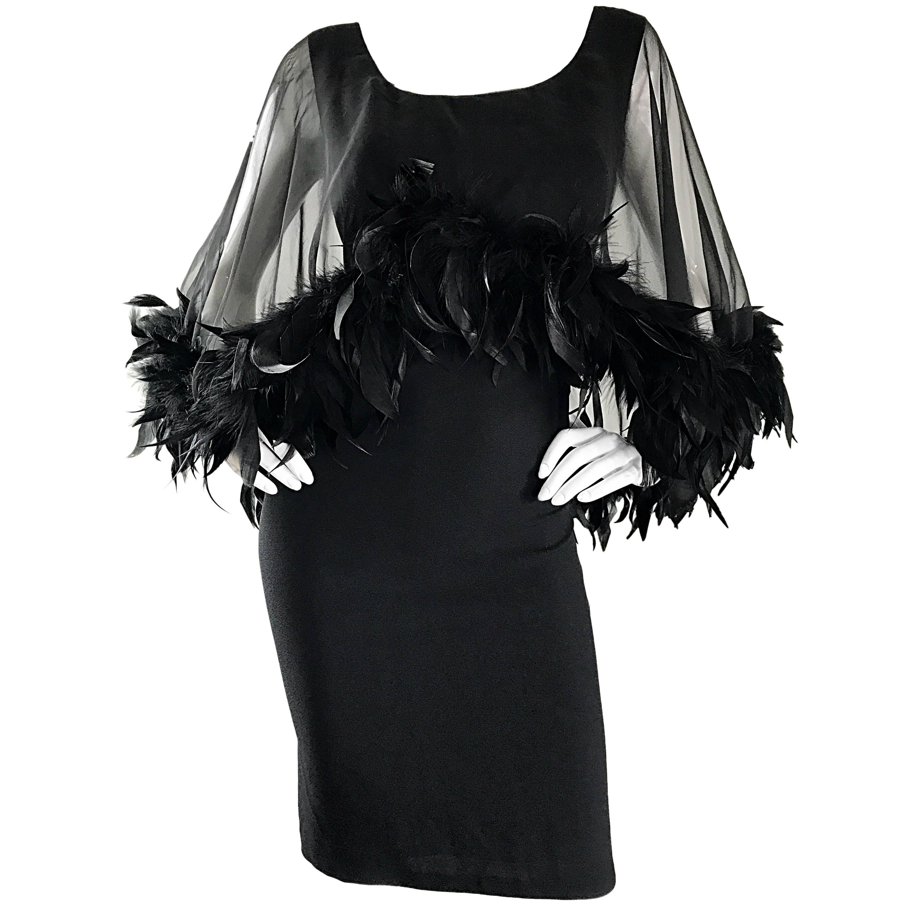 Gorgeous 1950s Demi Couture Black Vintage 50s Dress w/ Sheer Feather Overlay