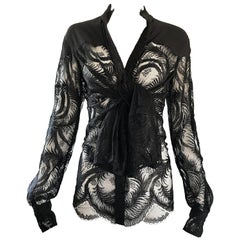 Tom Ford for Yves Saint Laurent Black Chantilly French Lace Semi Sheer Blouse
