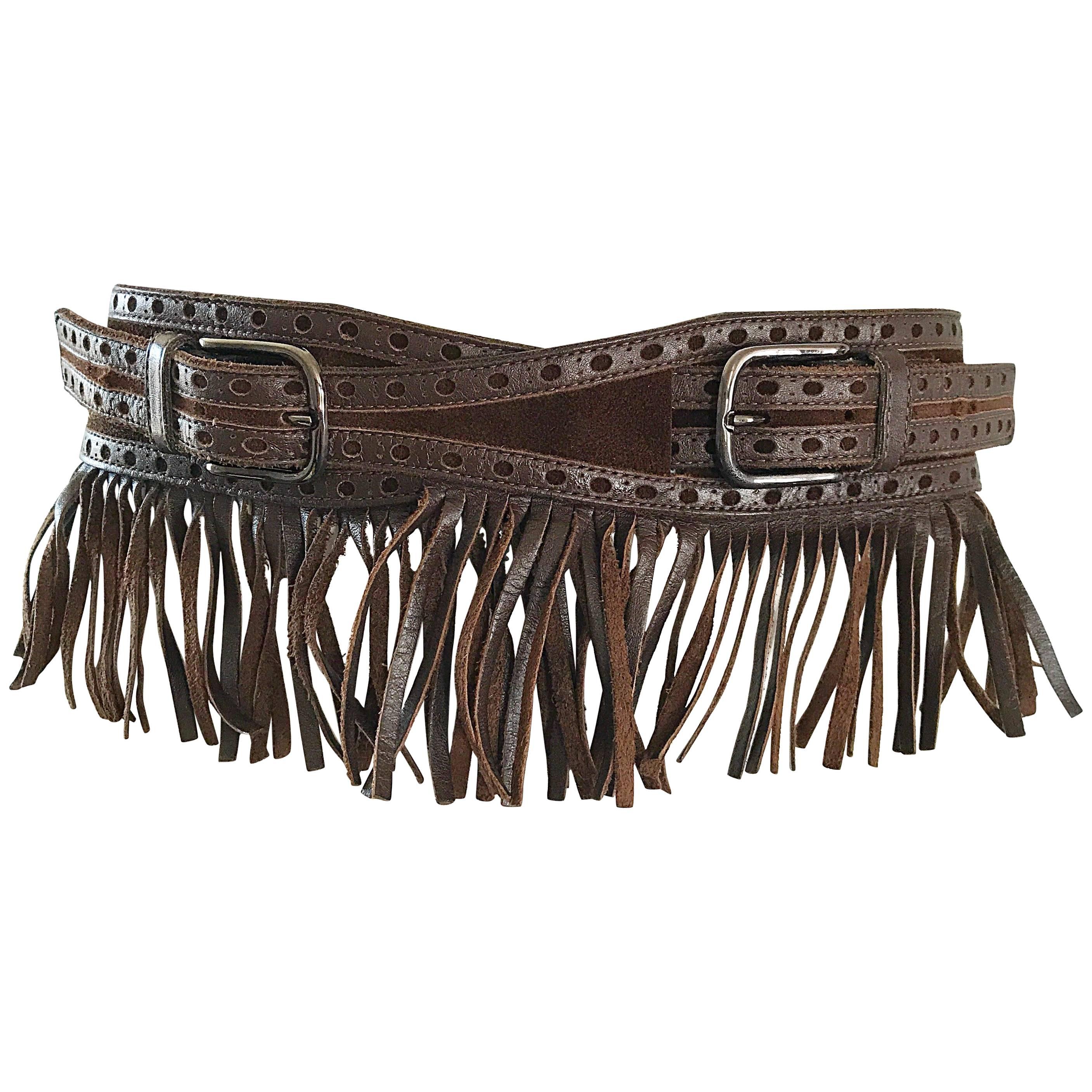 1970s Yves Saint Laurent Brown Leather + Suede Fringe Vintage 70s Boho Belt YSL