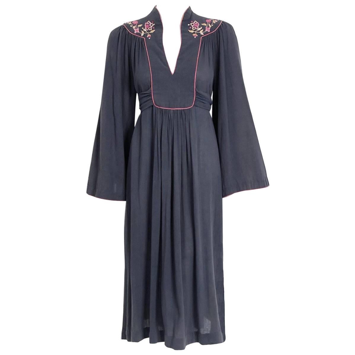 1970's Ossie Clark Embroidered Floral Grey Cotton Gauze Plunge Belted Dress