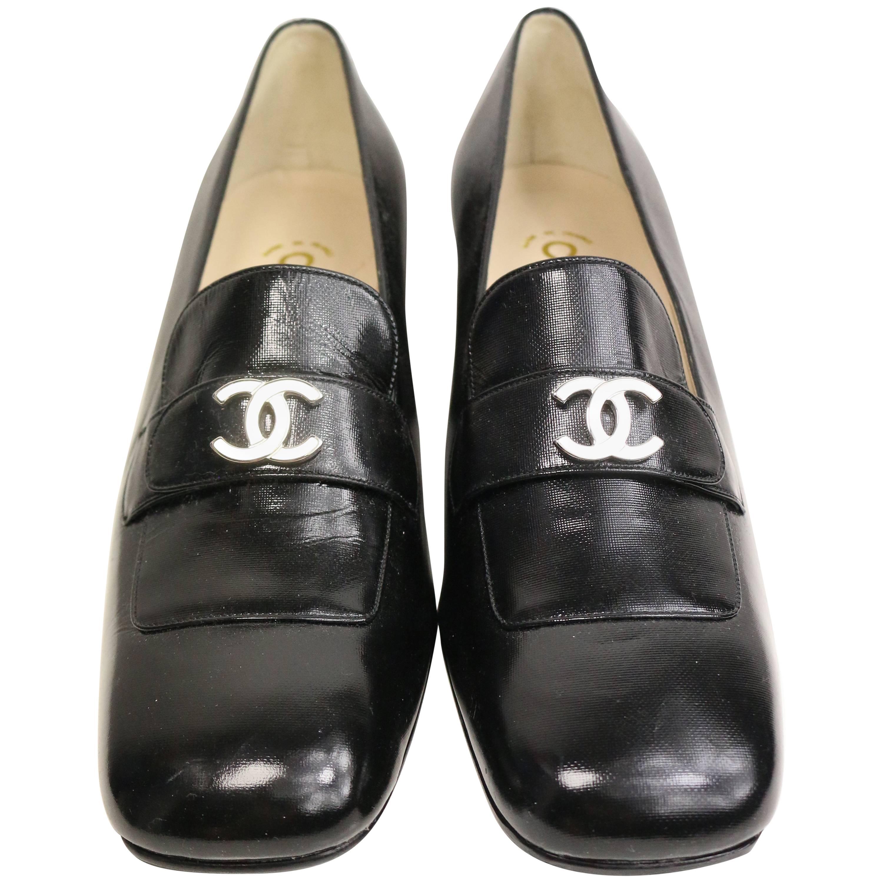 Chanel Black Patent Silver "CC" Logo Square Toe Shoes 
