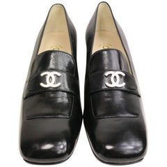 Vintage Chanel Black Patent Silver "CC" Logo Square Toe Shoes 