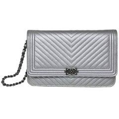 Chanel Silver Chevron Caviar Wallet On Chain WOC Crossbody Bag with Box