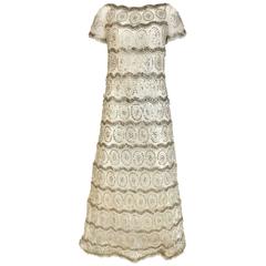 1960s MALCOLM STARR White Mesh Embellished Beaded Maxi Shift 60s Dress