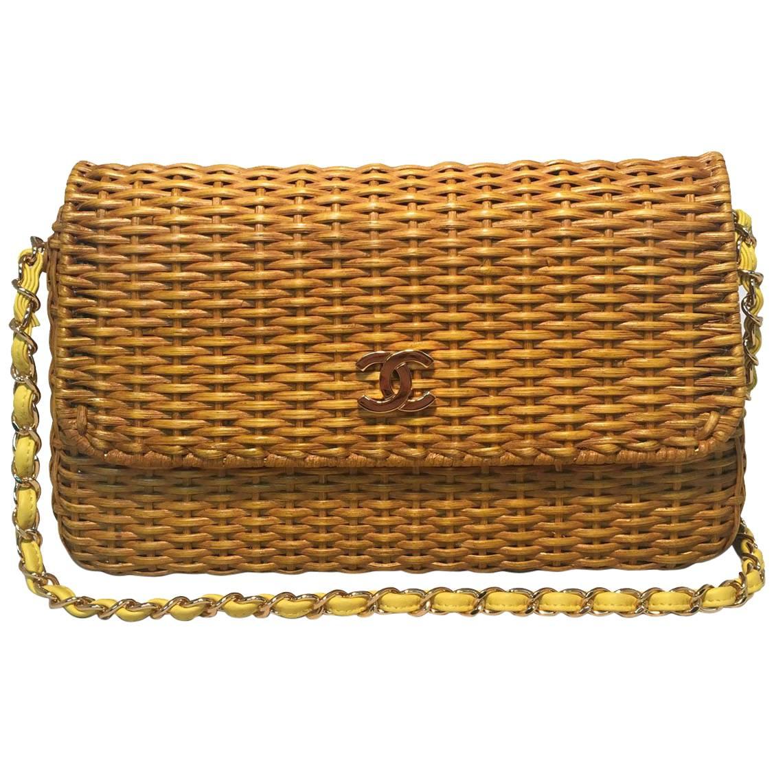 Chanel Tan Wicker Rattan Basket Yellow Leather Classic Flap Shoulder Bag