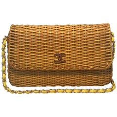 Chanel Tan Wicker Rattan Basket Gelb Leder Classic Flap Umhängetasche